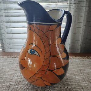 Large Talavera Mexico Jug, Mexican VTG Anthropomorphic Sunflower Vase Pitcher
